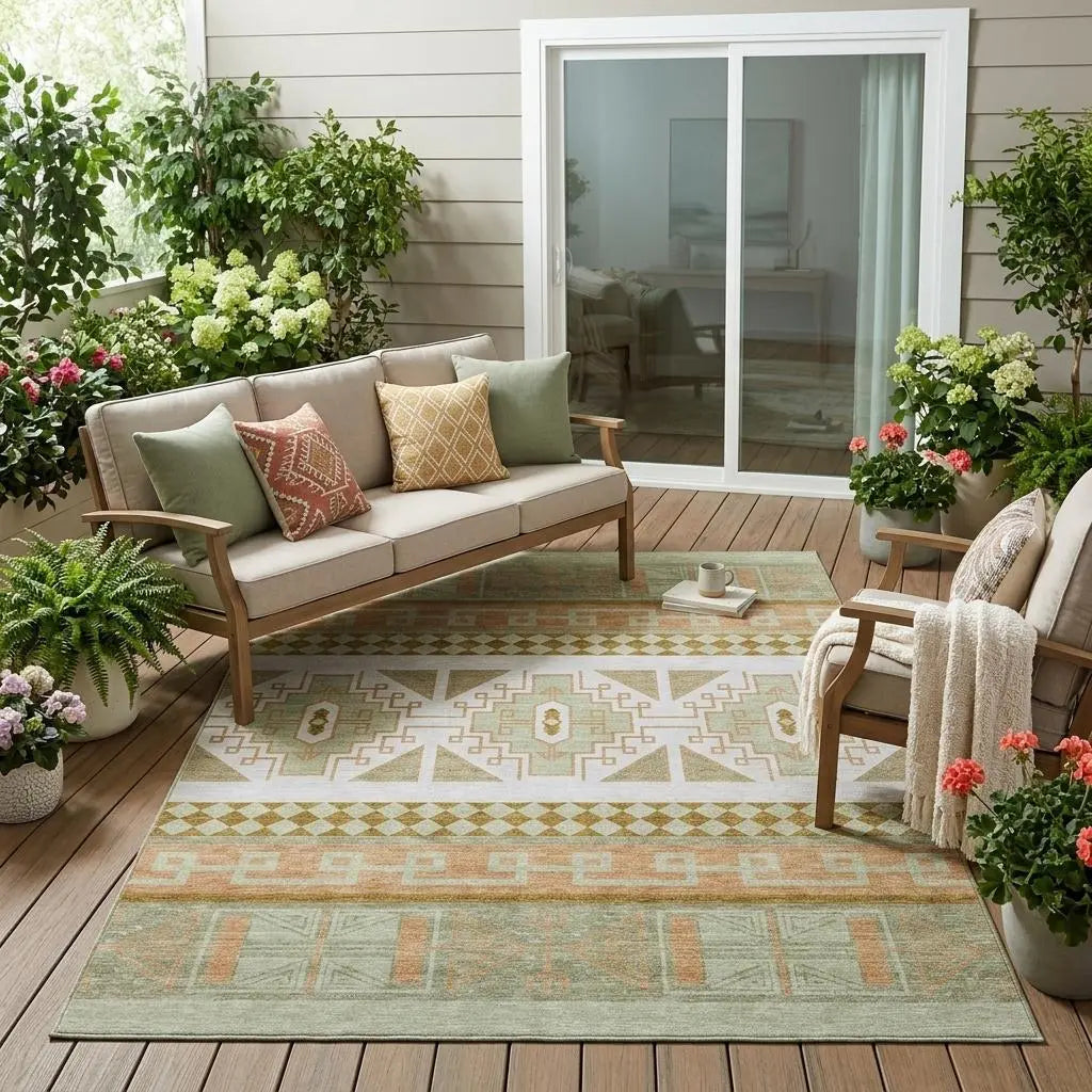 5' X 8' Green And Teal Blue Tribal Washable Indoor Outdoor Area Rug Homeroots Outdoor