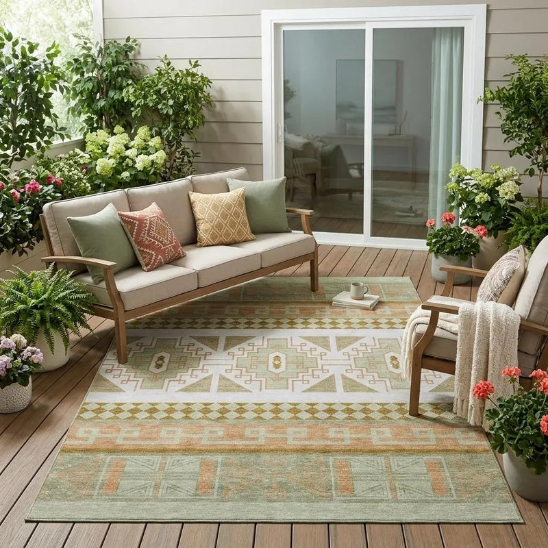 5' X 8' Green And Teal Blue Tribal Washable Indoor Outdoor Area Rug Homeroots Outdoor