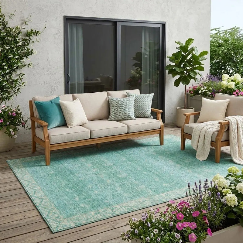 5' X 8' Green And Teal Blue Tribal Washable Indoor Outdoor Area Rug Homeroots Outdoor