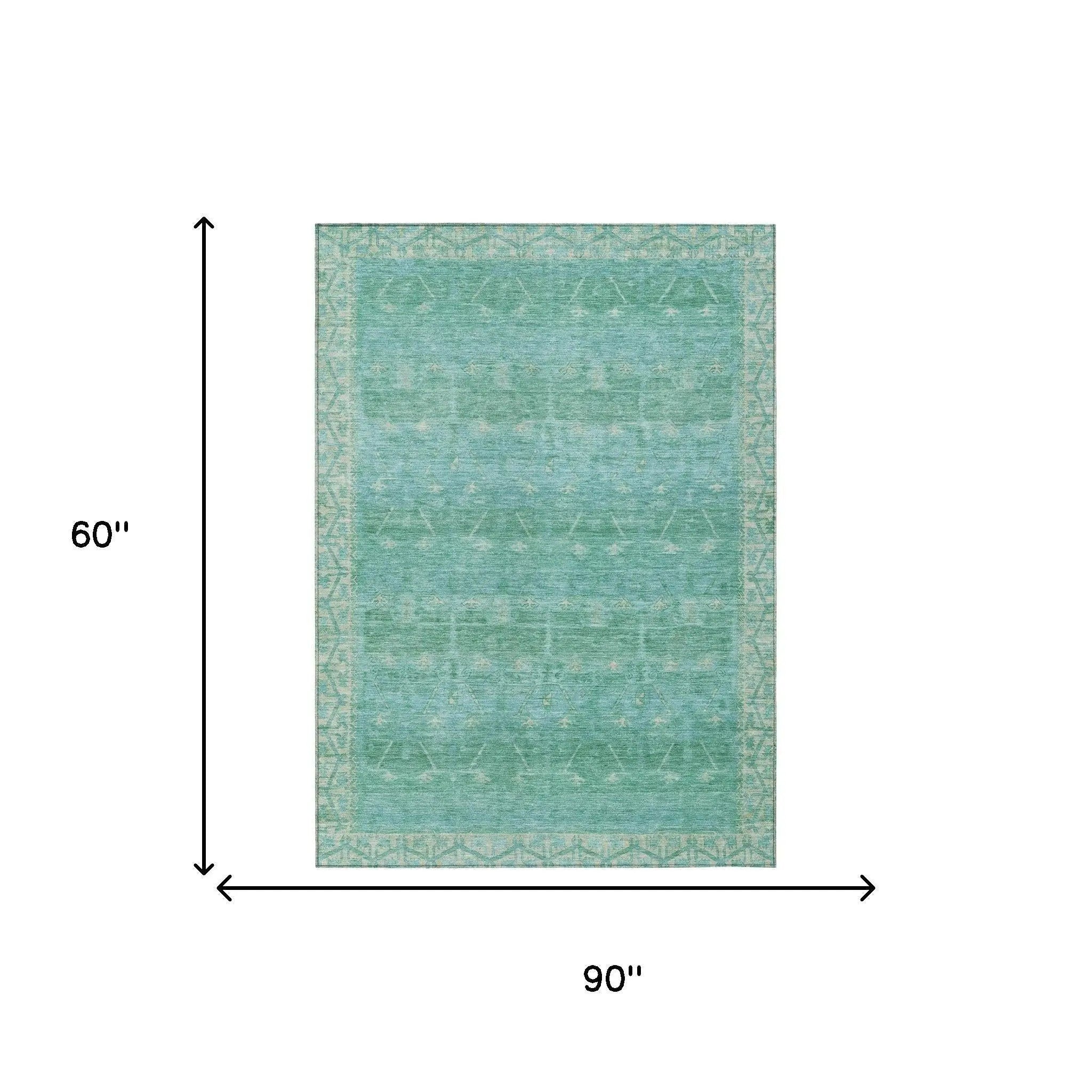 5' X 8' Green And Teal Blue Tribal Washable Indoor Outdoor Area Rug Homeroots Outdoor