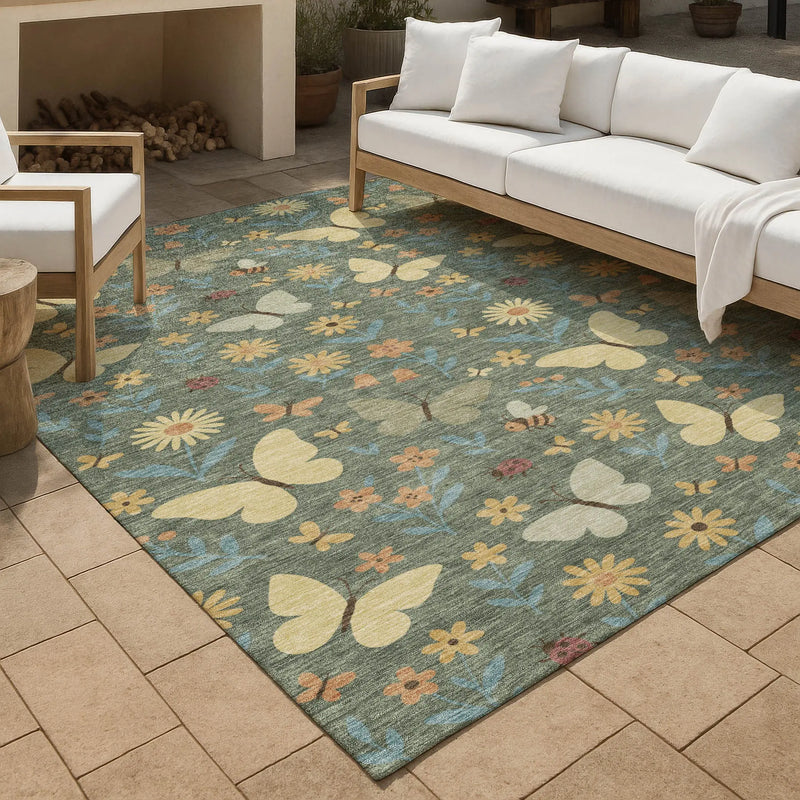 5' X 8' Green And Wheat Abstract Washable Indoor Outdoor Area Rug Homeroots Outdoor