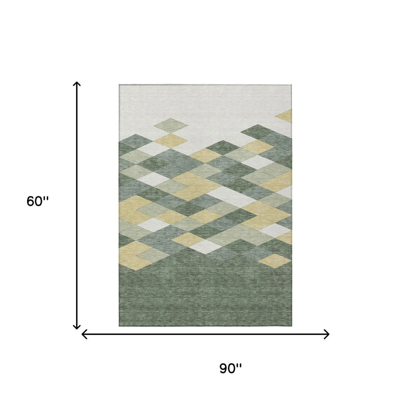 5' X 8' Green And Wheat Geometric Washable Indoor Outdoor Area Rug Homeroots Outdoor