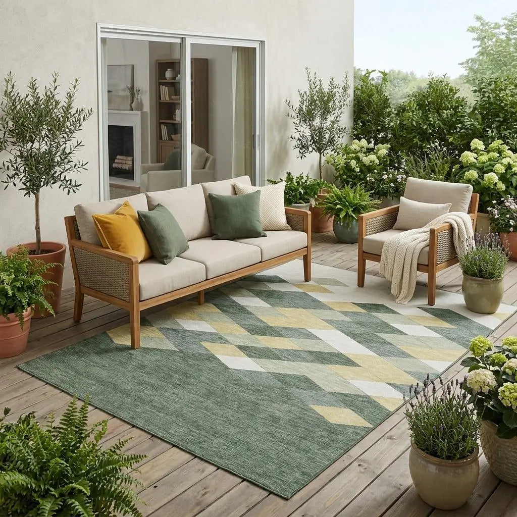 5' X 8' Green And Wheat Geometric Washable Indoor Outdoor Area Rug Homeroots Outdoor