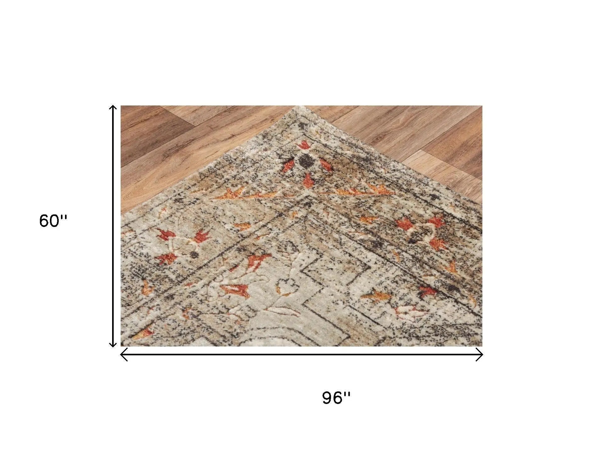 Vintage-style area rug in beige, orange, and brown, measuring 60" x 96", featuring floral and geometric patterns.
