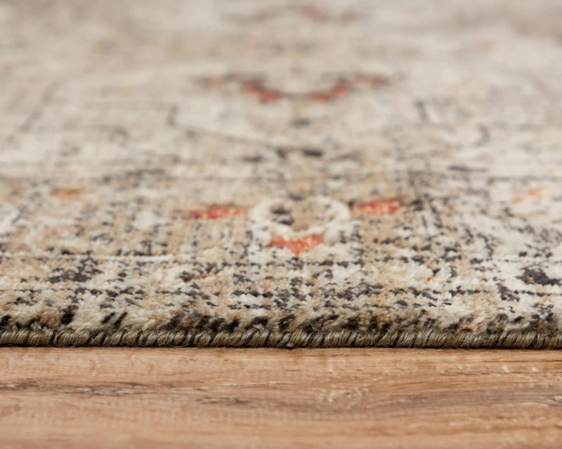 Vintage-style beige area rug with intricate patterns and subtle hints of red, made from soft, durable materials.