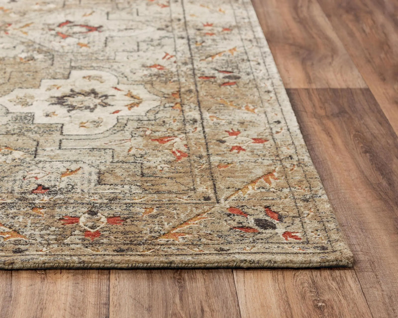 Vintage-inspired beige area rug with multicolored floral patterns, ideal for a cozy living space.