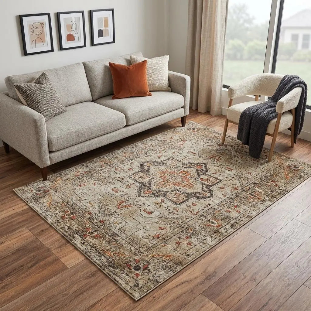 Vintage-inspired cream and rust area rug, featuring intricate floral patterns; soft, durable nylon material.