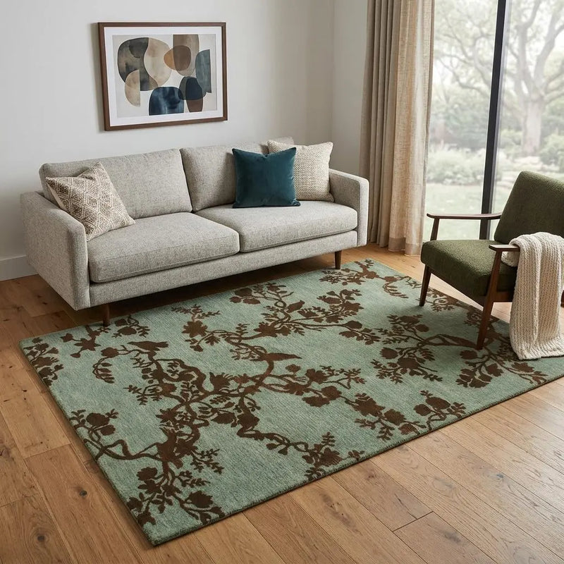 5' X 8' Green Blue And Brown Wool Floral Hand Knotted Area Rug Homeroots Home Decor