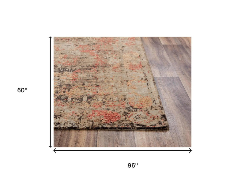 5' X 8' Green Copper And Beige New Zealand Lambs Wool Abstract Hand Carved Handmade Area Rug Homeroots Home Decor