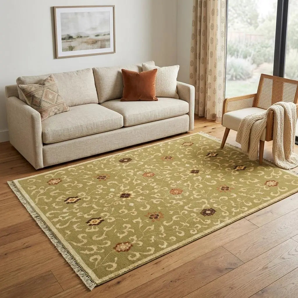5' X 8' Green Tan And Ivory Wool Floral Hand Knotted Area Rug With Fringe Homeroots Home Decor