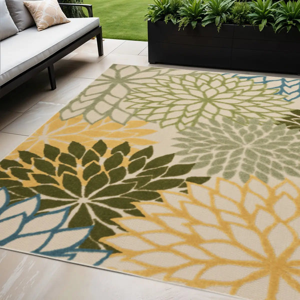 5' X 8' Green Yellow And Blue Floral Indoor Outdoor Area Rug Homeroots Outdoor
