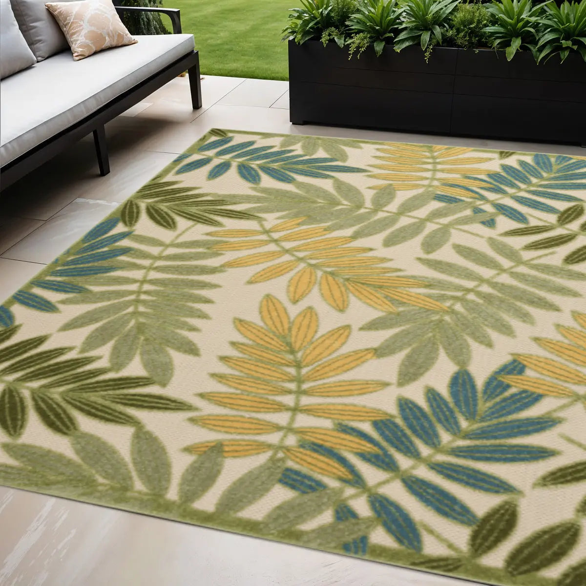 5' X 8' Green Yellow And Blue Palm Leaf Indoor Outdoor Area Rug Homeroots Outdoor