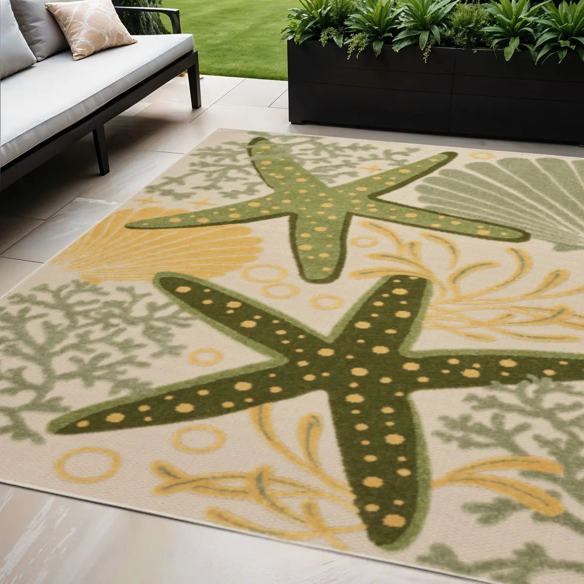 5' X 8' Green Yellow And Blue Starfish Indoor Outdoor Area Rug Homeroots Outdoor
