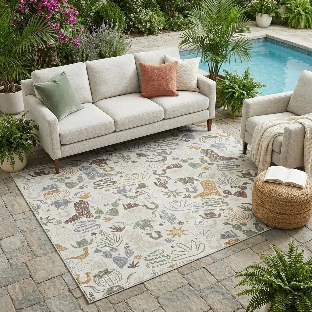 5' X 8' Ivory And Beige Cactus Washable Indoor Outdoor Area Rug Homeroots Outdoor