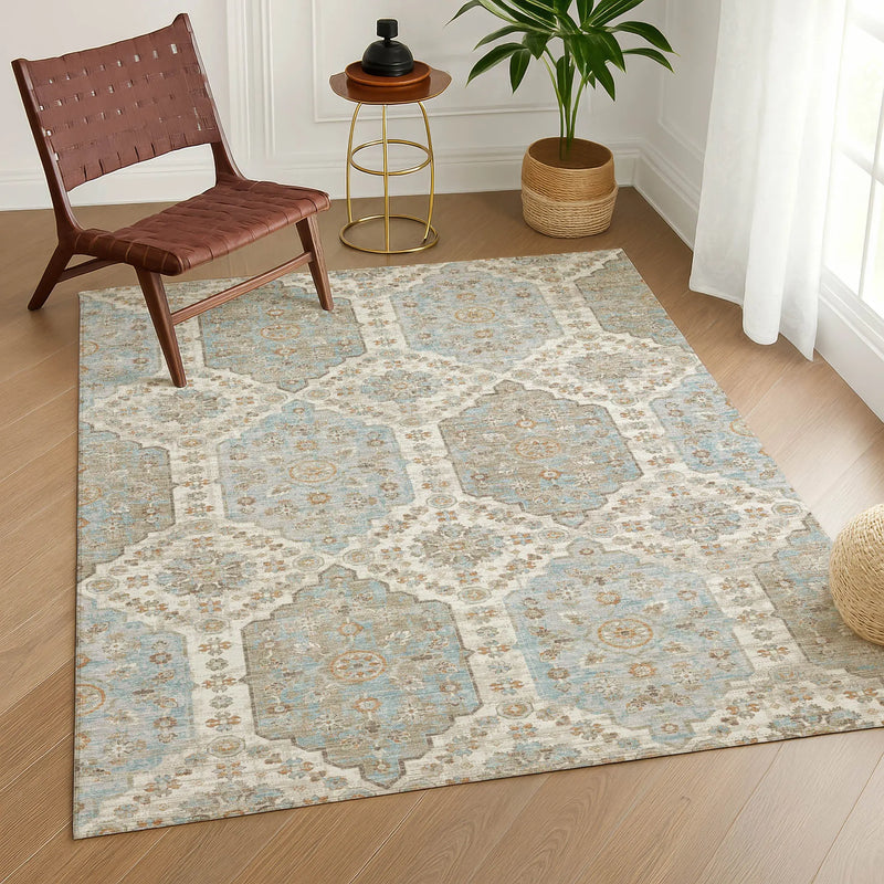 5' X 8' Ivory And Beige Damask Washable Indoor Outdoor Area Rug Homeroots Outdoor
