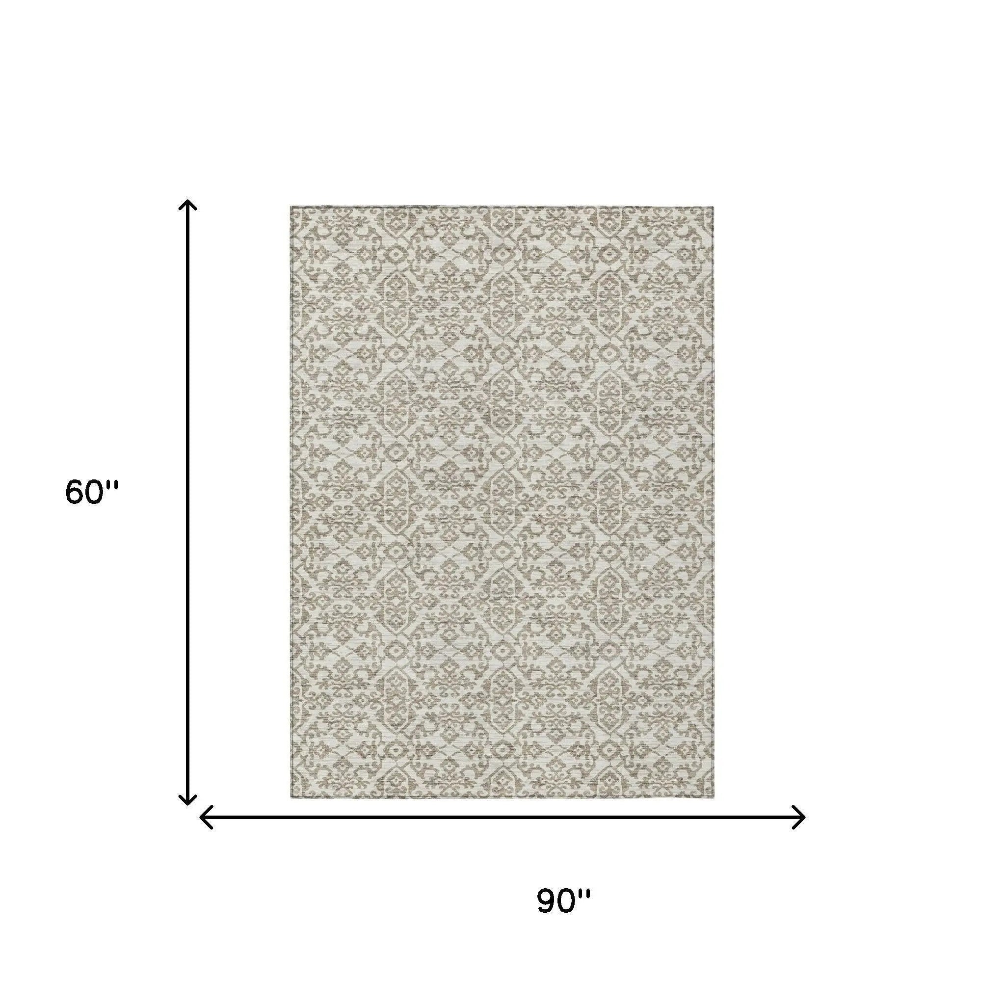 5' X 8' Ivory And Beige Damask Washable Indoor Outdoor Area Rug Homeroots Outdoor