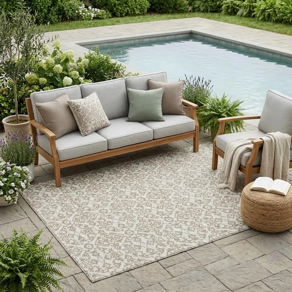 5' X 8' Ivory And Beige Damask Washable Indoor Outdoor Area Rug Homeroots Outdoor