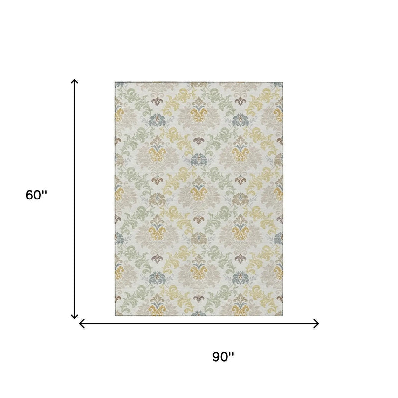 5' X 8' Ivory And Beige Damask Washable Indoor Outdoor Area Rug Homeroots Outdoor