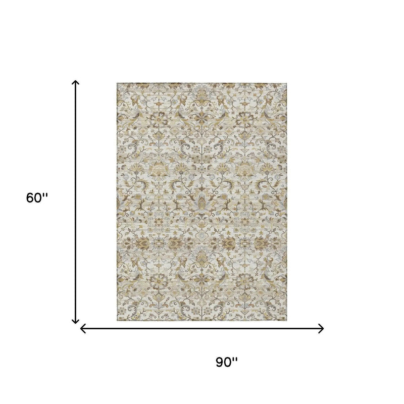 5' X 8' Ivory And Beige Floral Medallion Washable Indoor Outdoor Area Rug Homeroots Outdoor
