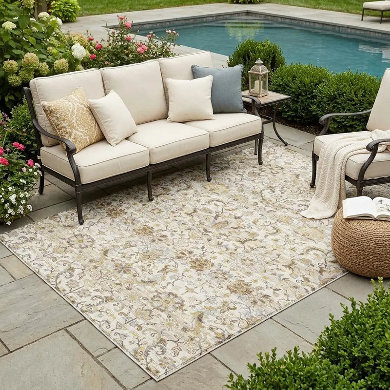 5' X 8' Ivory And Beige Floral Medallion Washable Indoor Outdoor Area Rug Homeroots Outdoor