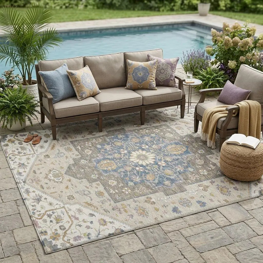 5' X 8' Ivory And Beige Floral Medallion Washable Indoor Outdoor Area Rug Homeroots Outdoor