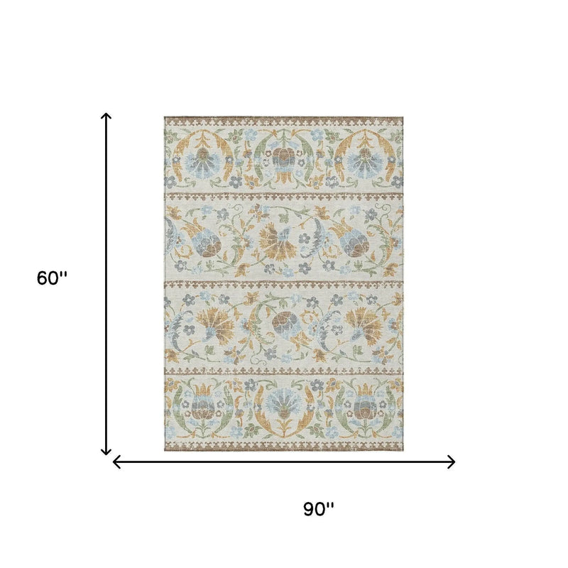5' X 8' Ivory And Beige Floral Washable Indoor Outdoor Area Rug Homeroots Outdoor