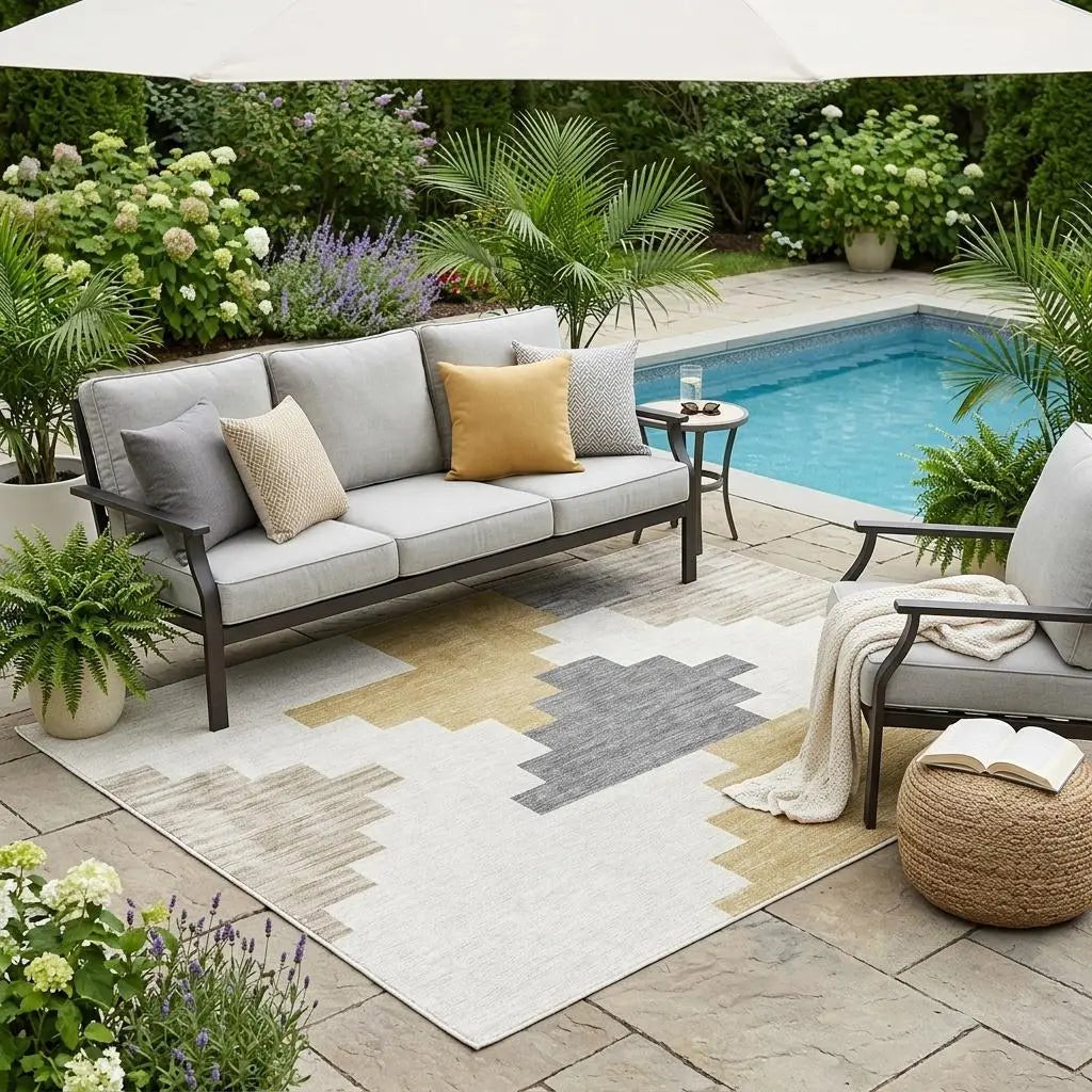 5' X 8' Ivory And Beige Geometric Washable Indoor Outdoor Area Rug Homeroots Outdoor