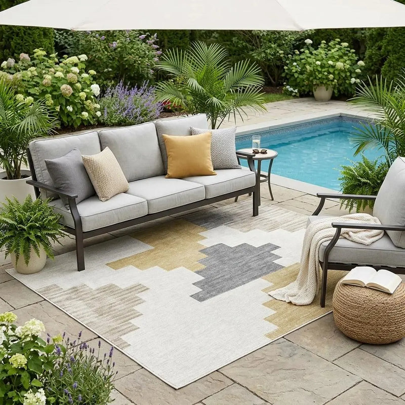 5' X 8' Ivory And Beige Geometric Washable Indoor Outdoor Area Rug Homeroots Outdoor