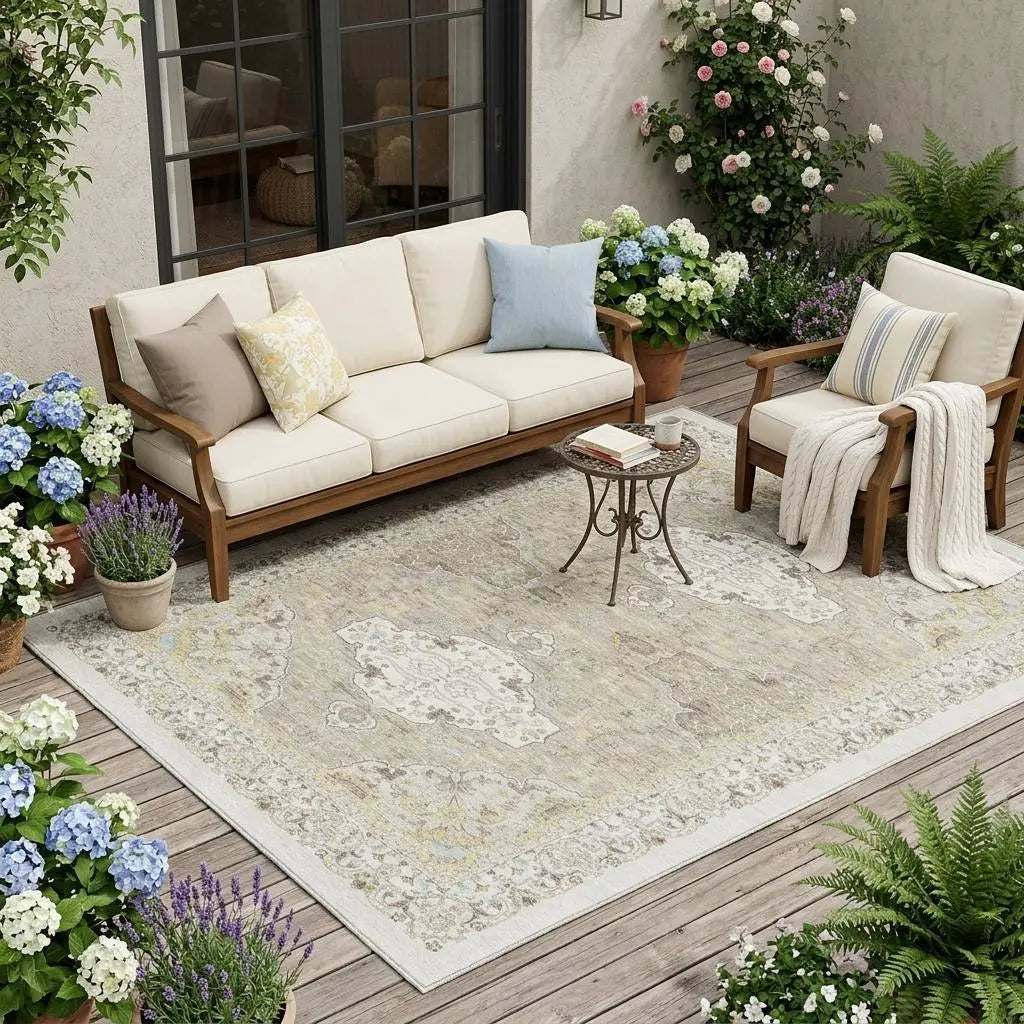 5' X 8' Ivory And Beige Oriental Washable Indoor Outdoor Area Rug Homeroots Outdoor