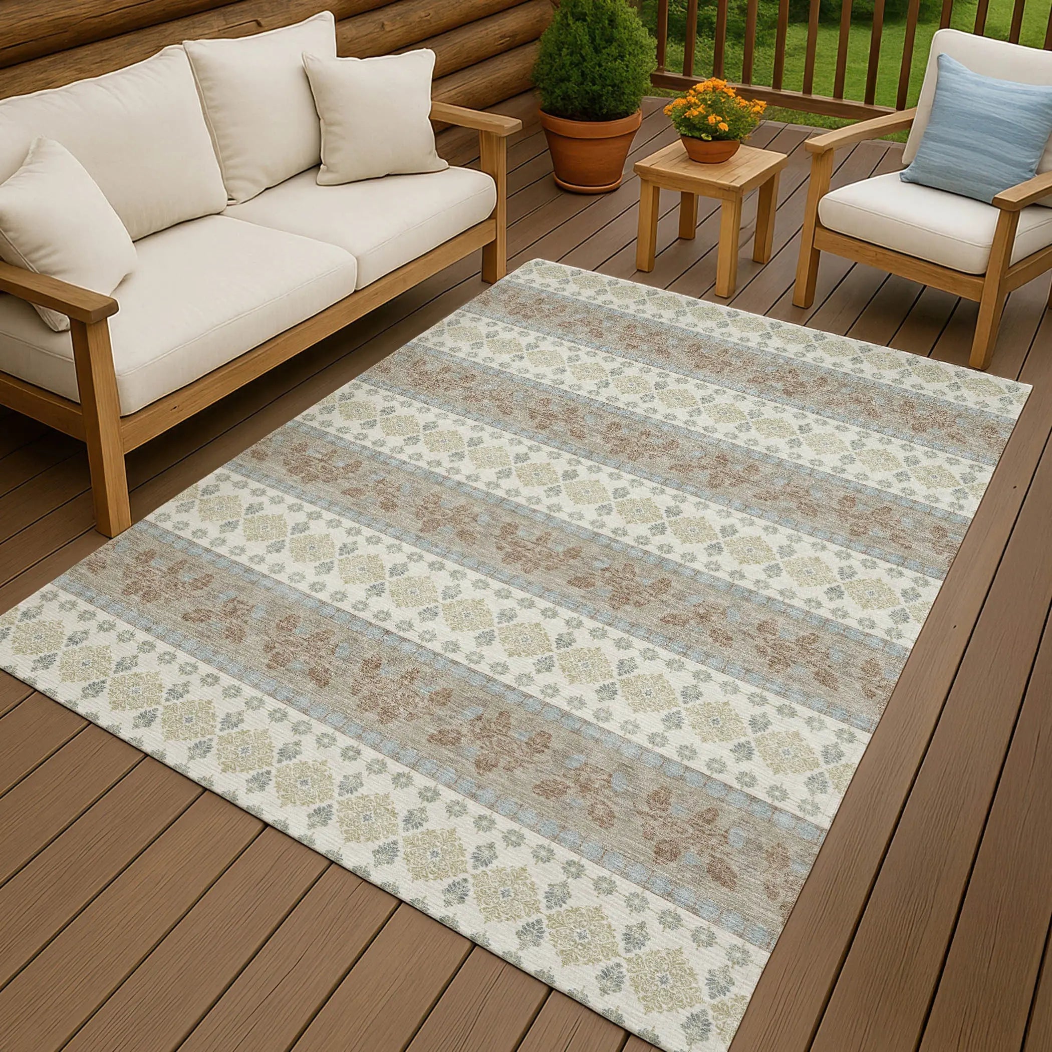 5' X 8' Ivory And Beige Striped Washable Indoor Outdoor Area Rug Homeroots Outdoor