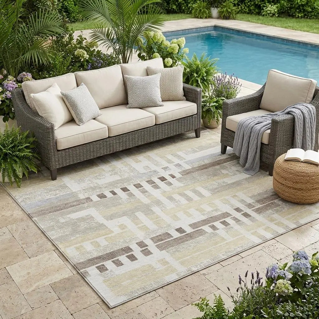 5' X 8' Ivory And Beige Striped Washable Indoor Outdoor Area Rug Homeroots Outdoor