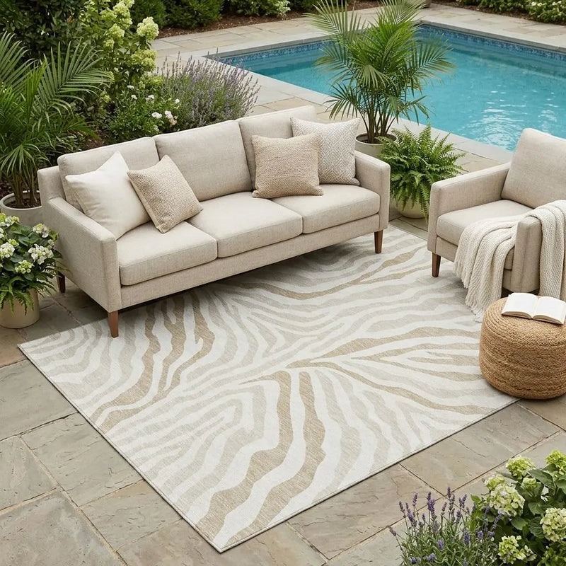 5' X 8' Ivory And Beige Zebra Print Washable Indoor Outdoor Area Rug Homeroots Outdoor
