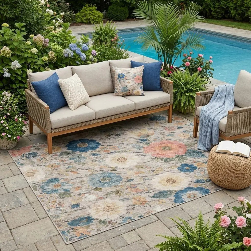 5' X 8' Ivory And Blue Floral Washable Indoor Outdoor Area Rug Homeroots Outdoor