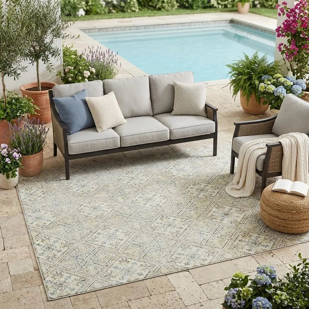 5' X 8' Ivory And Blue Geometric Washable Indoor Outdoor Area Rug Homeroots Outdoor