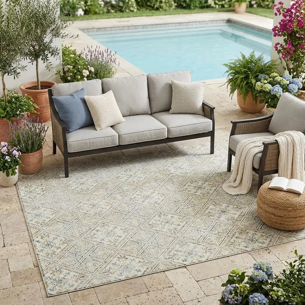 5' X 8' Ivory And Blue Geometric Washable Indoor Outdoor Area Rug Homeroots Outdoor