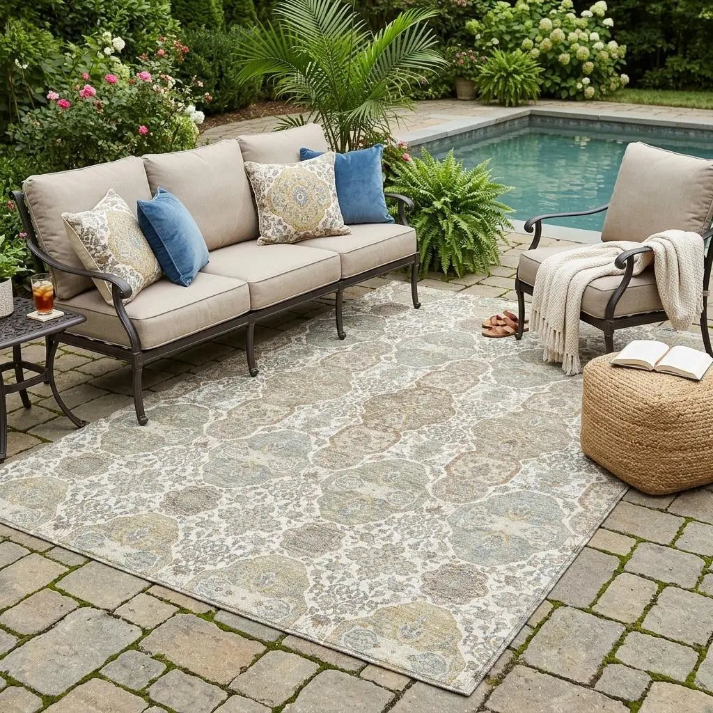 5' X 8' Ivory And Brown Floral Washable Indoor Outdoor Area Rug Homeroots Outdoor