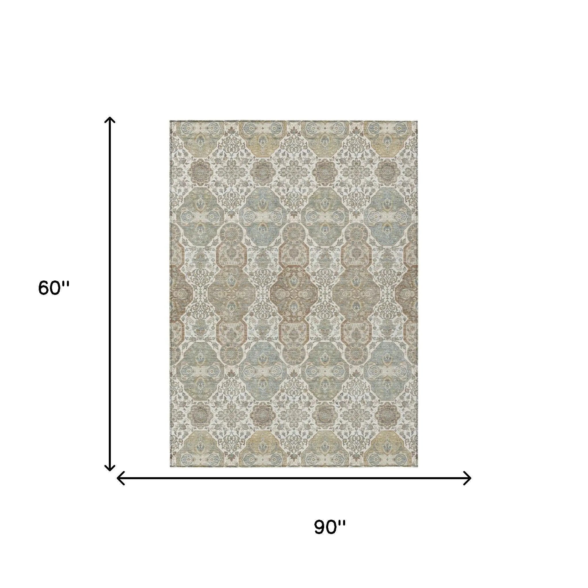 5' X 8' Ivory And Brown Floral Washable Indoor Outdoor Area Rug Homeroots Outdoor
