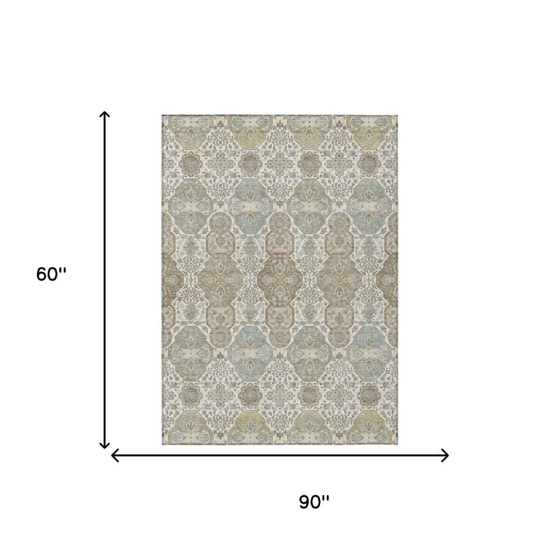 5' X 8' Ivory And Brown Floral Washable Indoor Outdoor Area Rug Homeroots Outdoor