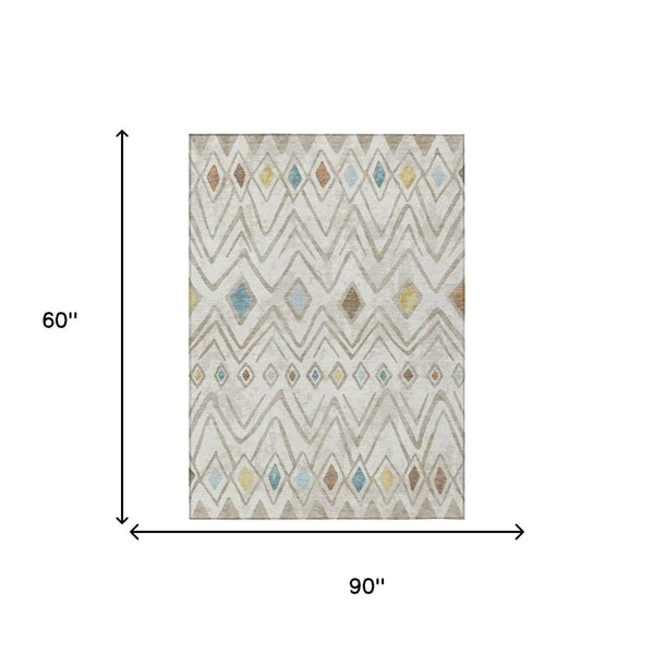 5' X 8' Ivory And Brown Geometric Washable Indoor Outdoor Area Rug Homeroots Outdoor