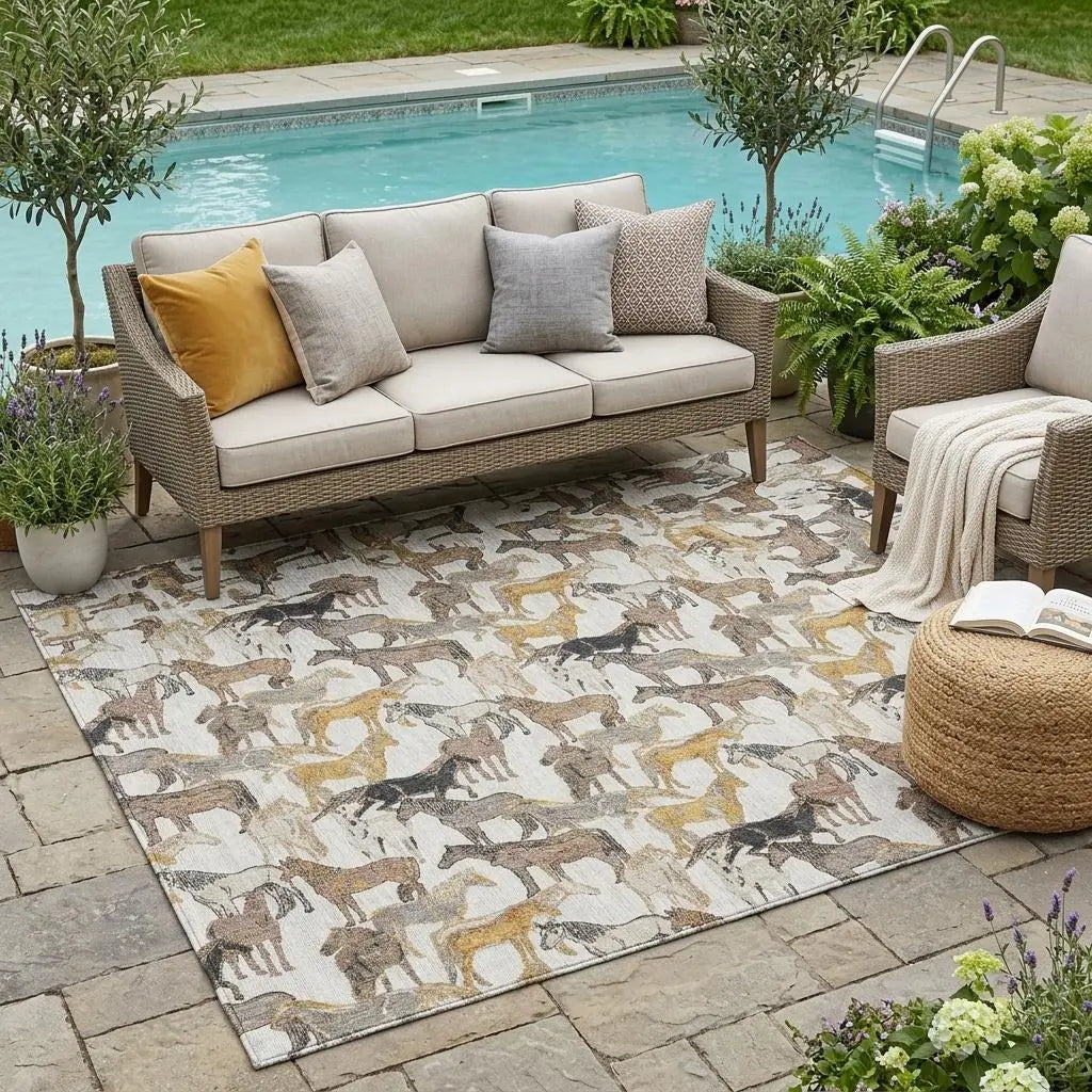 5' X 8' Ivory And Brown Horse Washable Indoor Outdoor Area Rug Homeroots Outdoor