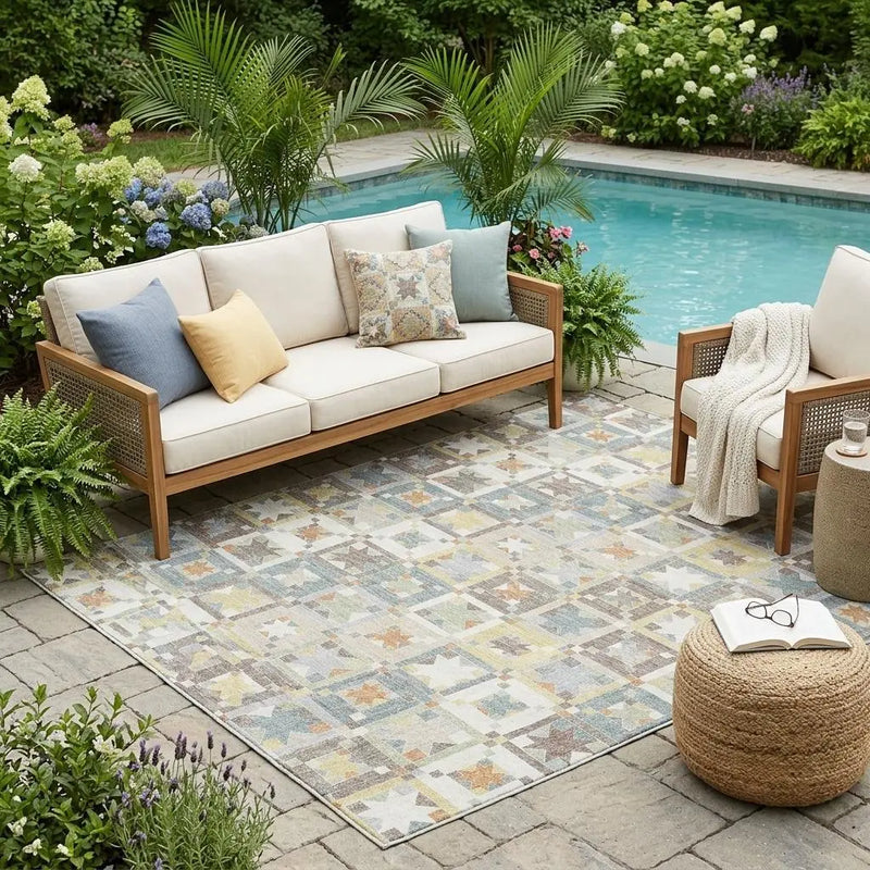 5' X 8' Ivory And Brown Patchwork Washable Indoor Outdoor Area Rug Homeroots Outdoor