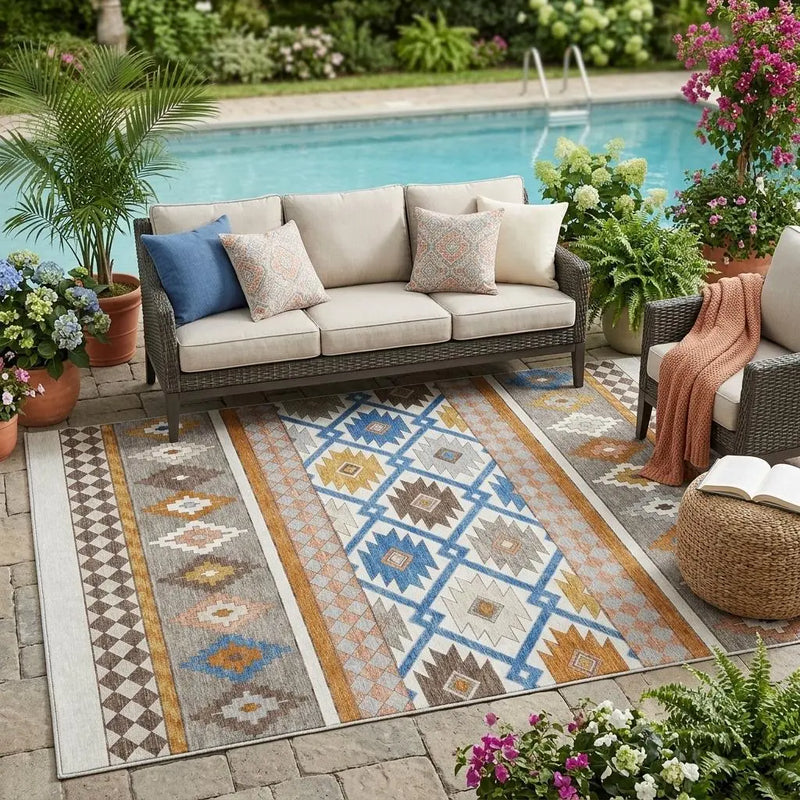 5' X 8' Ivory And Brown Southwestern Washable Indoor Outdoor Area Rug Homeroots Outdoor