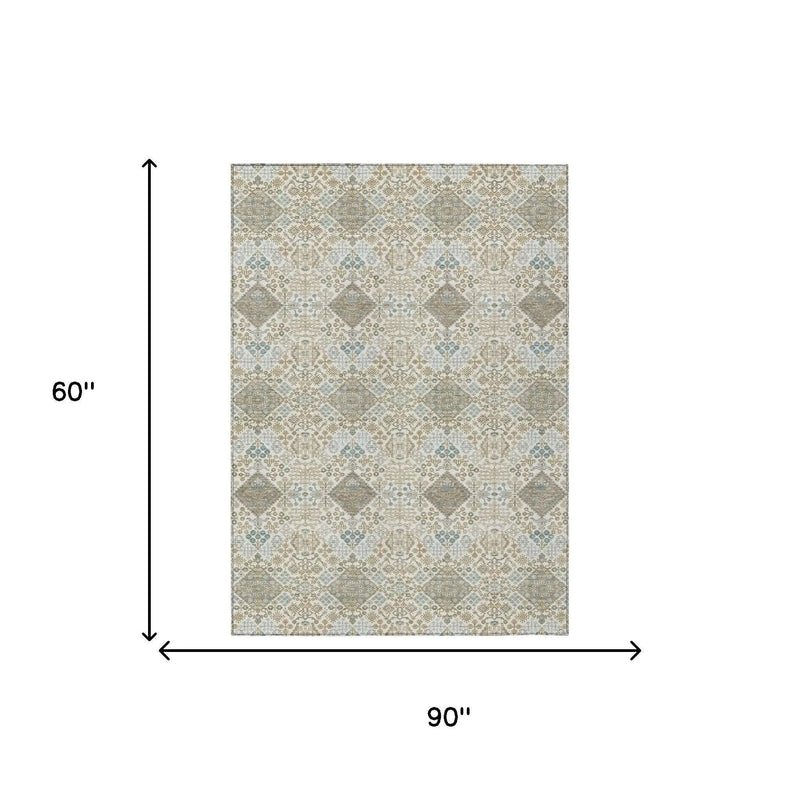 5' X 8' Ivory And Copper Geometric Washable Indoor Outdoor Area Rug Homeroots Outdoor