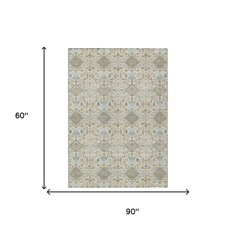 5' X 8' Ivory And Copper Geometric Washable Indoor Outdoor Area Rug Homeroots Outdoor