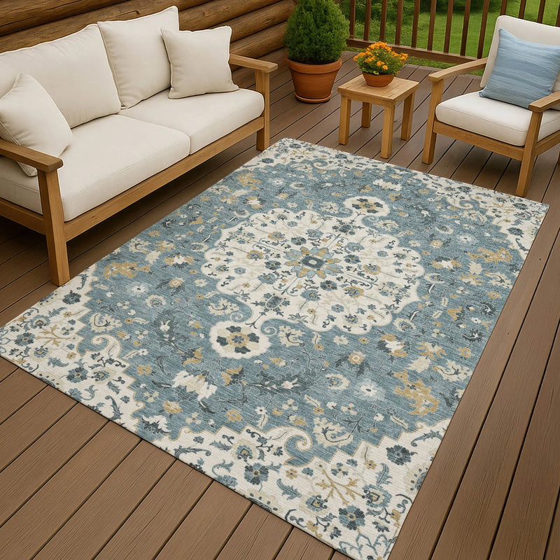 5' X 8' Ivory And Denim Blue Floral Medallion Washable Indoor Outdoor Area Rug Homeroots Outdoor