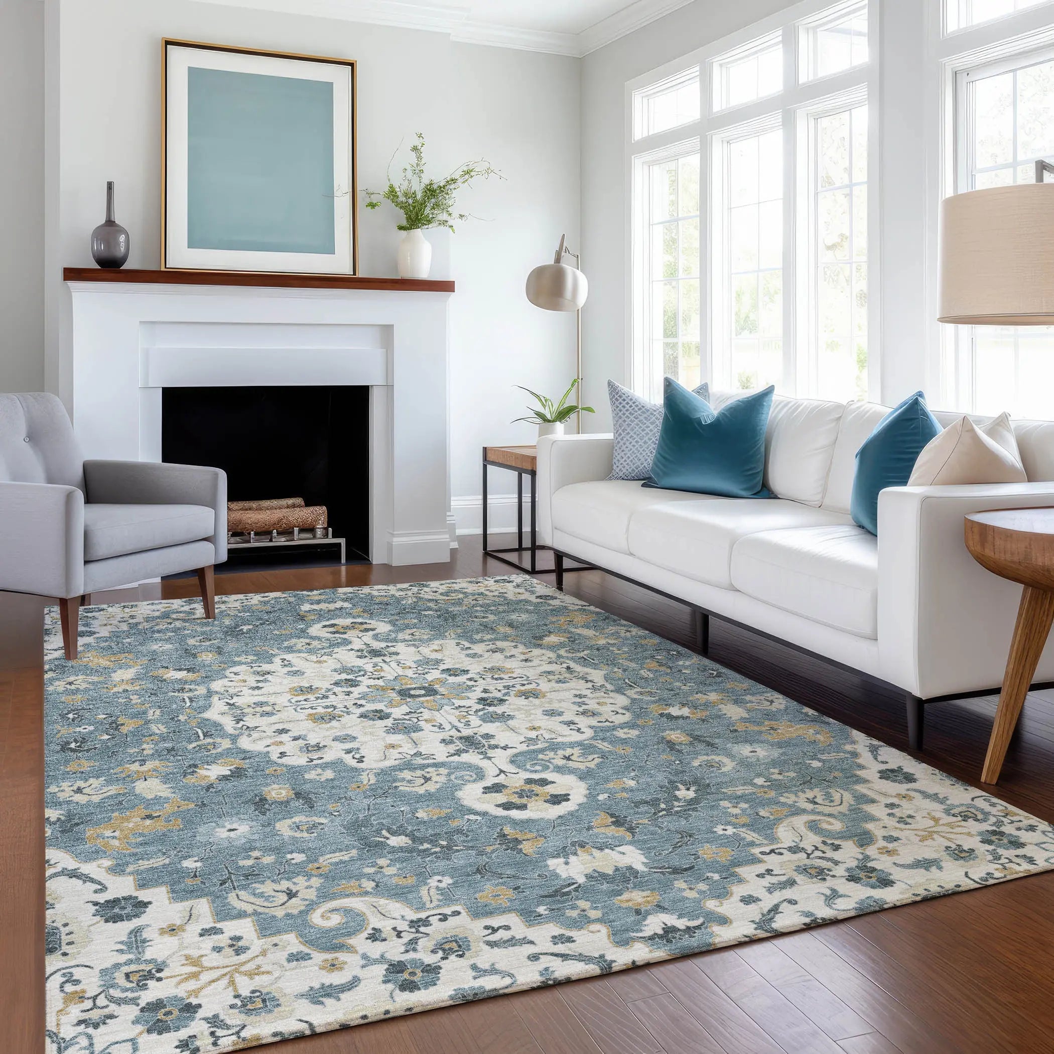 5' X 8' Ivory And Denim Blue Floral Medallion Washable Indoor Outdoor Area Rug Homeroots Outdoor
