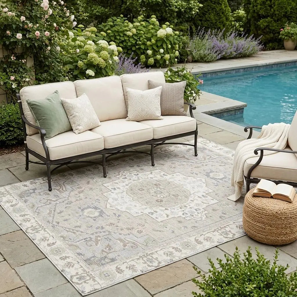 5' X 8' Ivory And Fern Green Oriental Washable Indoor Outdoor Area Rug Homeroots Outdoor