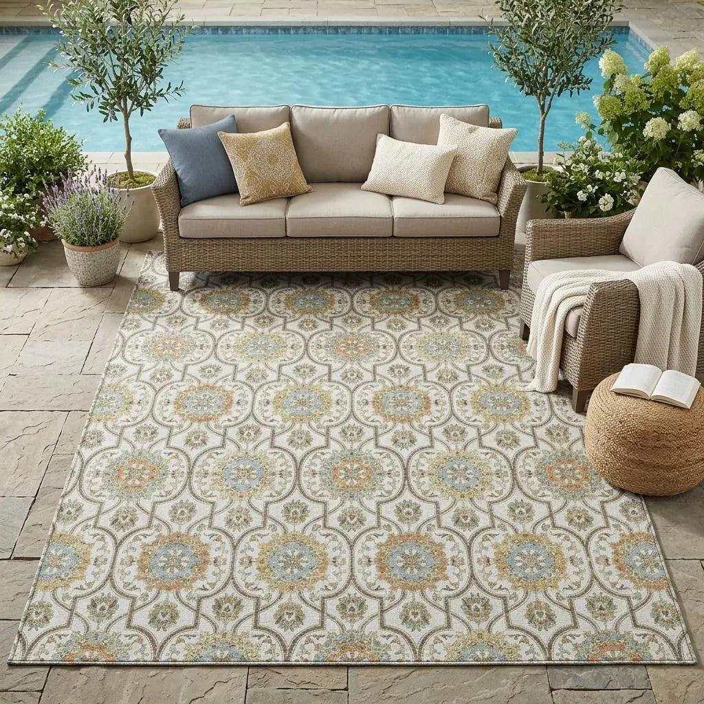 5' X 8' Ivory And Gold Floral Medallion Washable Indoor Outdoor Area Rug Homeroots Outdoor