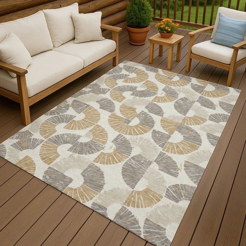 5' X 8' Ivory And Gold Geometric Washable Indoor Outdoor Area Rug Homeroots Outdoor