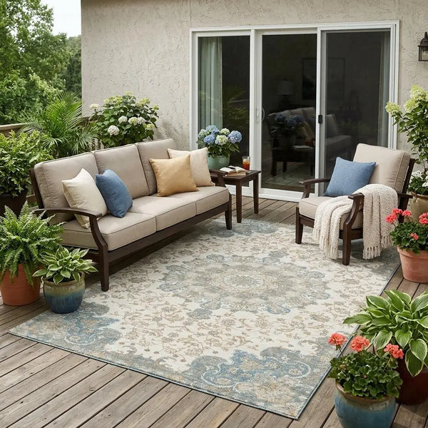 5' X 8' Ivory And Gray Floral Medallion Washable Indoor Outdoor Area Rug Homeroots Outdoor